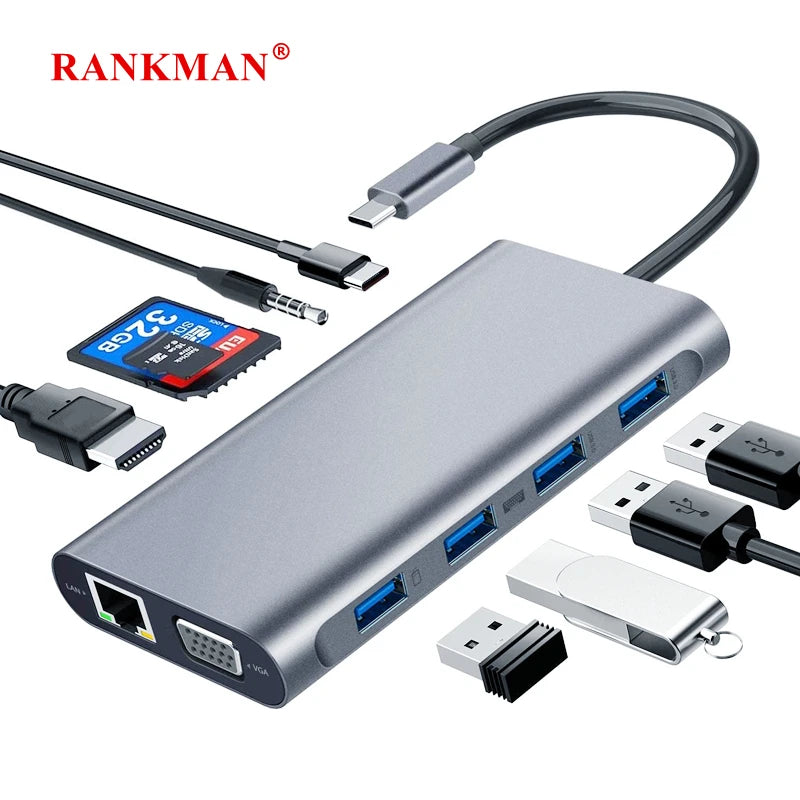 Rankman usb tipo c hub para rj45 4k hdmi-compatível vga sd tf usb 3.0 2.0 pd dock para macbook ipad samsung s21 dex ps5 Nintendo