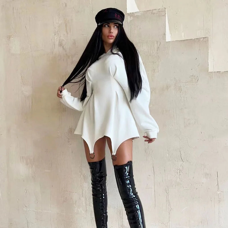 Tossy 2024 moda vestido com capuz para mulheres branco cintura envoltório bodycon mini vestido primavera manga longa hoodies vestidos de moletom