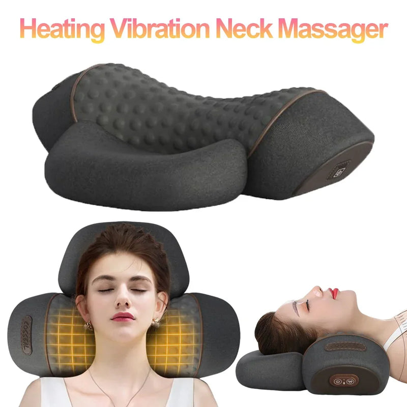 Travesseiro cervical massageado elétrico, compressa quente, massagem vibratória, tração no pescoço, relaxamento, travesseiro de espuma de memória, suporte para coluna