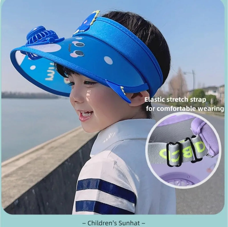Chapéu de guarda-sol infantil de verão, chapéu de proteção solar com ventilador, carregamento USB, cartola vazia, dinossauro de desenho animado