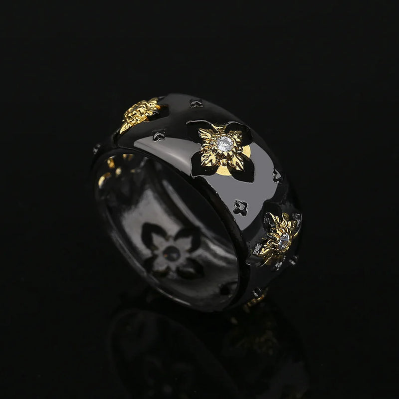 Anel clássico em formato de zircônia, preto, dourado, duas cores, joia, elegante, festa, preto e dourado, anéis para mulheres