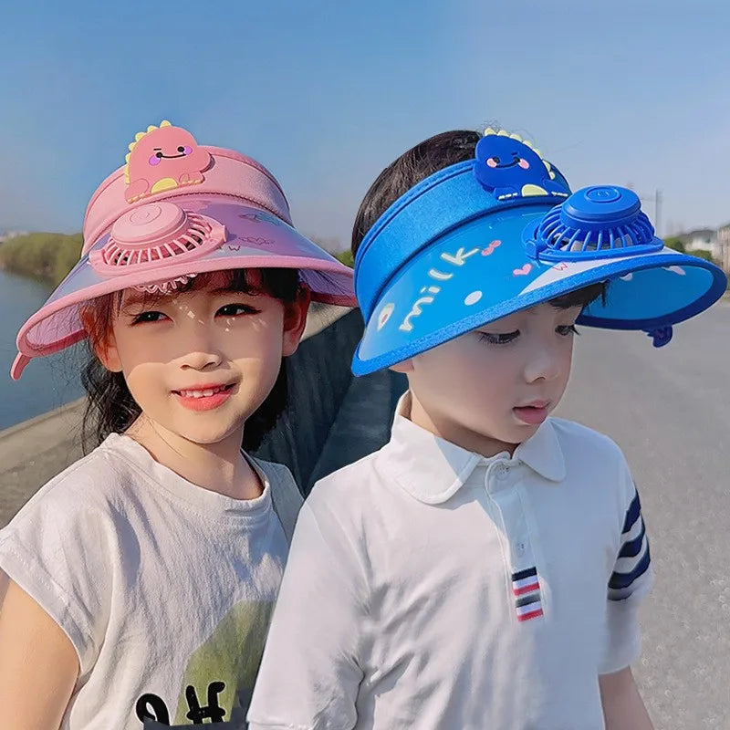 Chapéu de guarda-sol infantil de verão, chapéu de proteção solar com ventilador, carregamento USB, cartola vazia, dinossauro de desenho animado