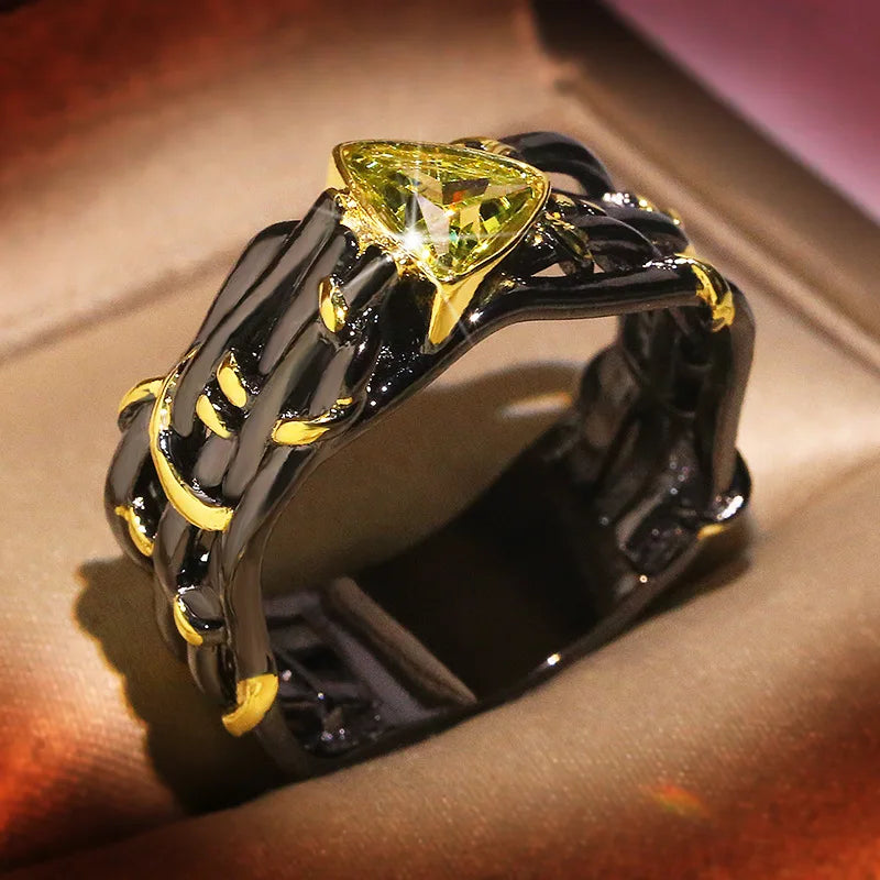 Anel de personalidade exagerada com design exclusivo feminino, anel de casamento preto, dourado, tungstênio, verde, zircônia, cristal
