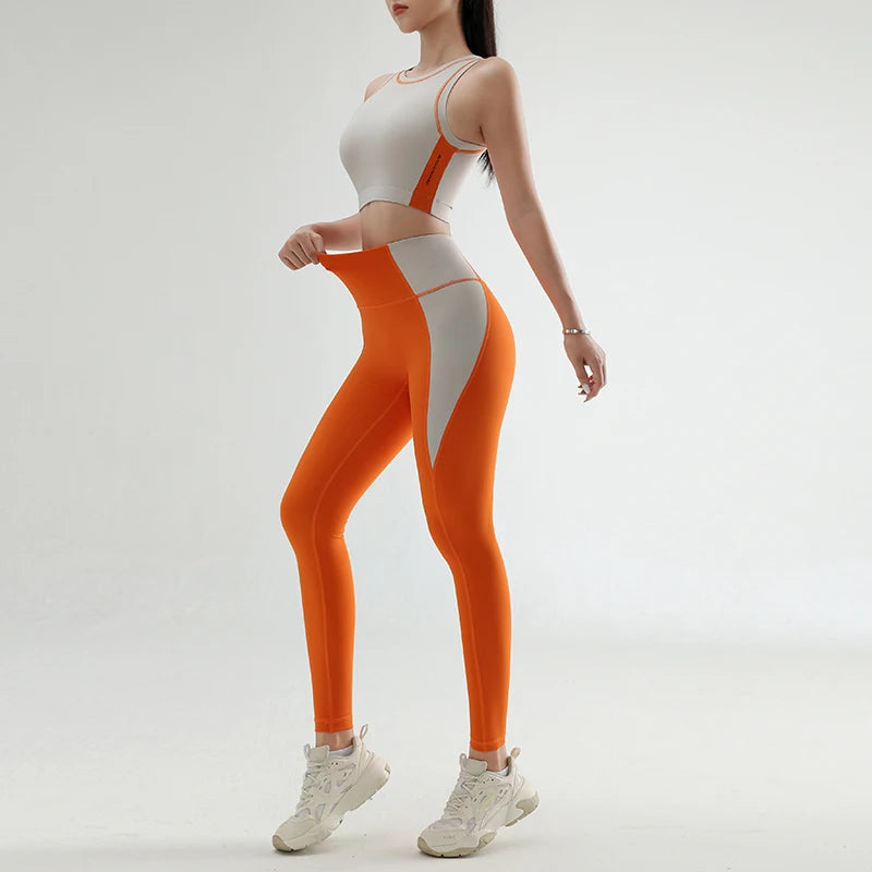 Cor feminina colidindo roupas de yoga de secagem rápida terno roupas de treinamento de ginástica terno reunido camiseta levantamento hip calças apertadas