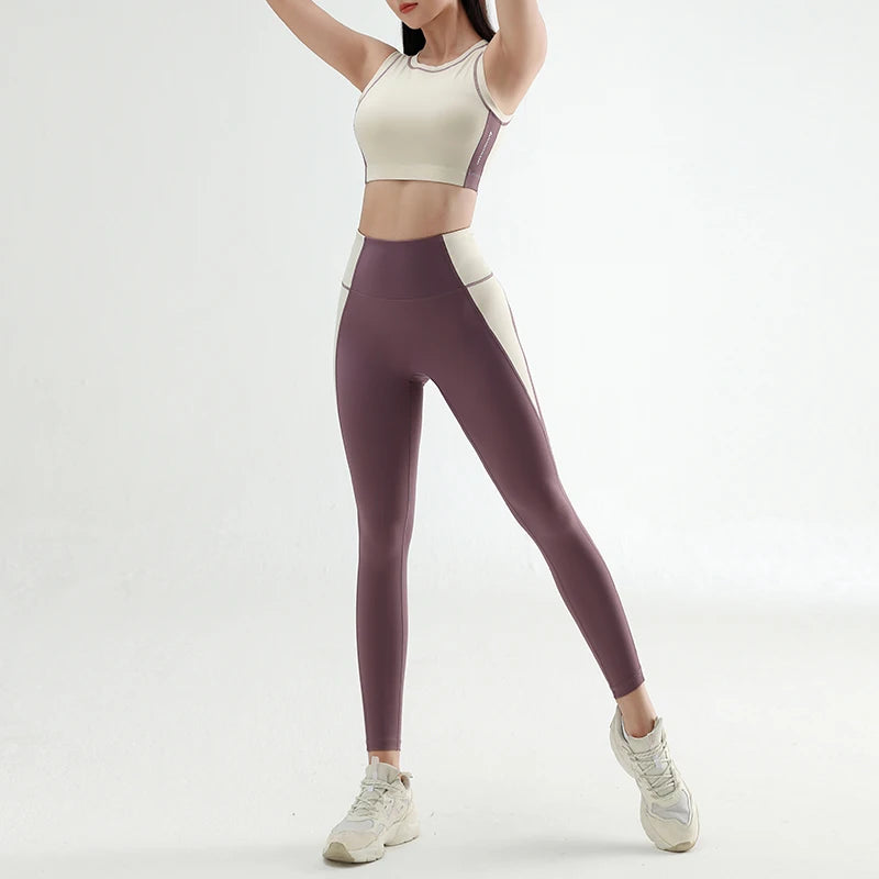 Cor feminina colidindo roupas de yoga de secagem rápida terno roupas de treinamento de ginástica terno reunido camiseta levantamento hip calças apertadas