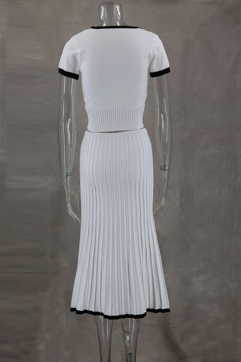 2024 primavera de malha vestido feminino terno branco colheita superior saias plissadas conjunto 2 peça feminino elegante verão moda roupas senhoras