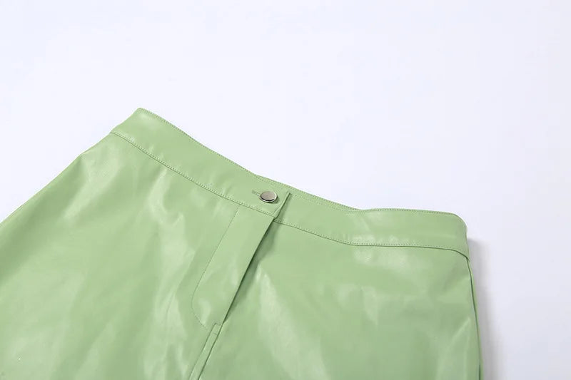 Mulheres saias de couro do plutônio conjuntos de duas peças vestido de festa verde manga longa jaqueta casacos e mini saias ternos 2024 novo clube  de lançamento