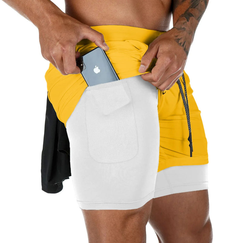 Calções de fitness de camada dupla masculina com cordão forro de malha cintura elástica respirável secagem rápida para praia piscina verão masculino