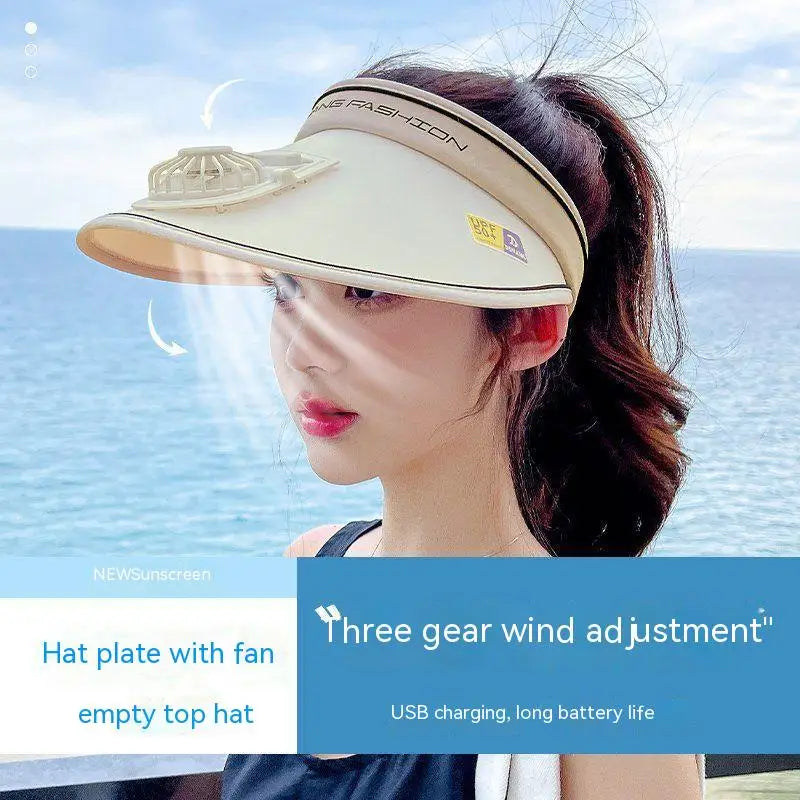 Chapéus femininos com viseira solar com ventilador, três configurações de temperatura, proteção solar de grande área, fivela elástica ajustável