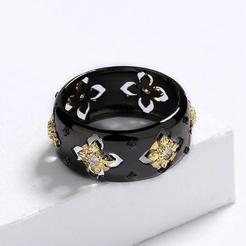 Anel clássico em formato de zircônia, preto, dourado, duas cores, joia, elegante, festa, preto e dourado, anéis para mulheres