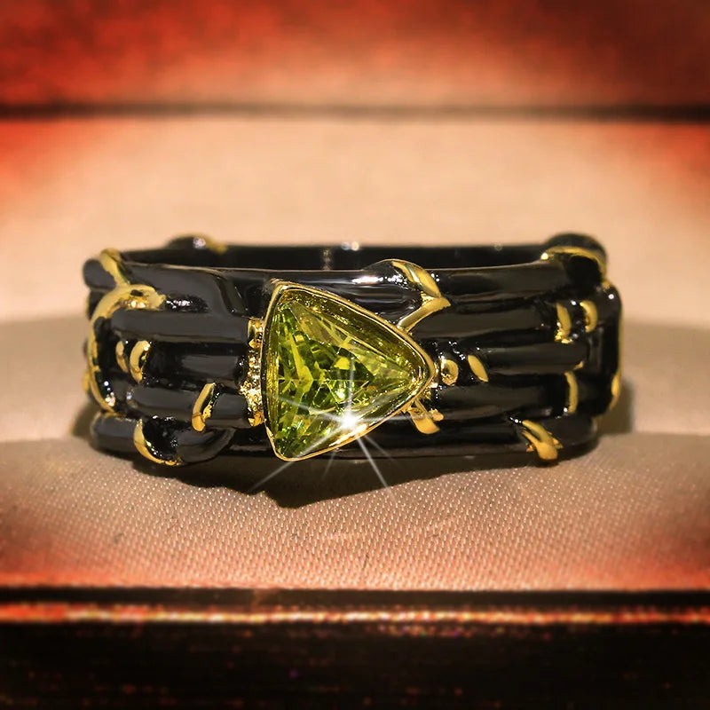 Anel de personalidade exagerada com design exclusivo feminino, anel de casamento preto, dourado, tungstênio, verde, zircônia, cristal