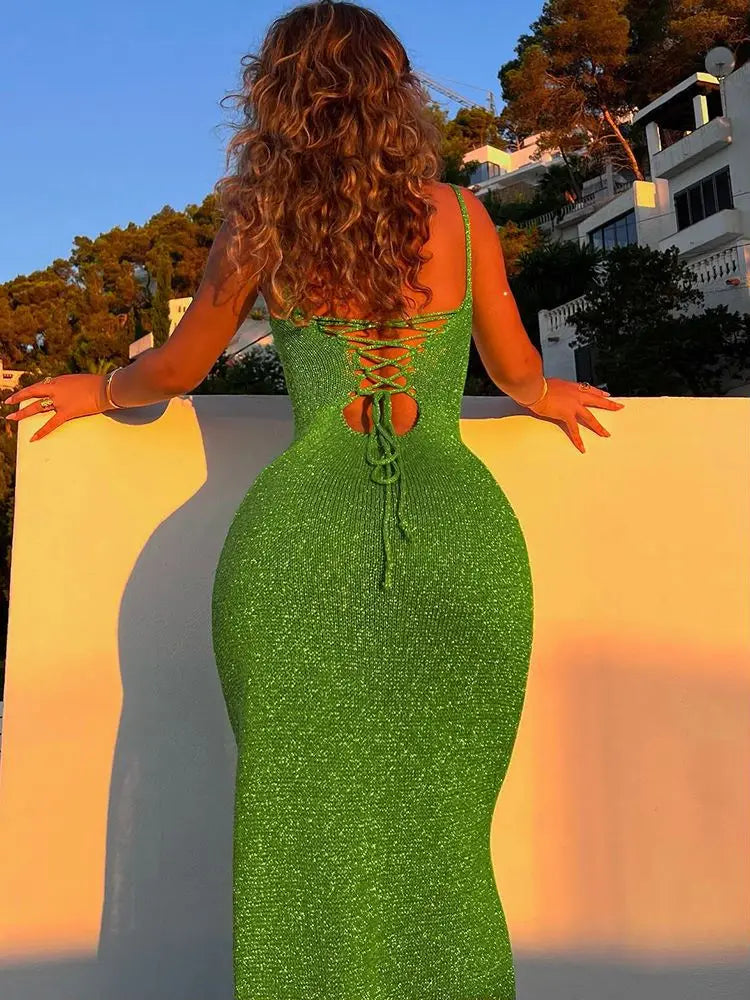 Uettey bandagem sexy sem costas verão vestido de verão roupas femininas festa clube elegante verde deslizamento vestidos roupas de moda