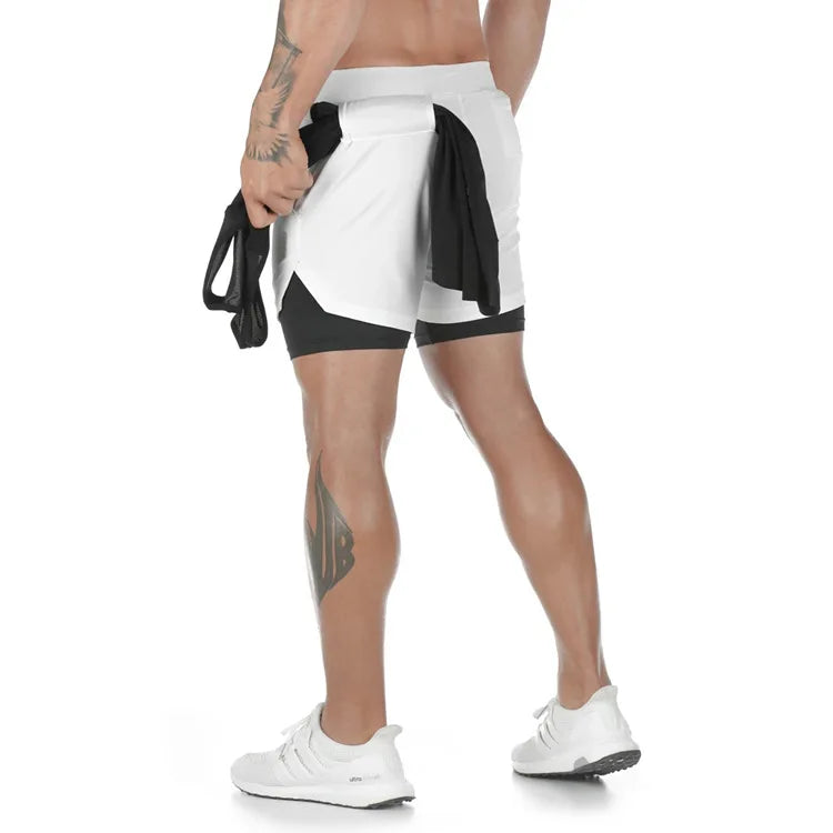 Calções de fitness de camada dupla masculina com cordão forro de malha cintura elástica respirável secagem rápida para praia piscina verão masculino